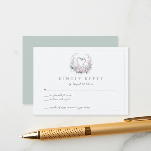 ロマンチックな緑のスワンカップル結婚式RSVPカード エンクロージャーカード (正面/裏面インサイチュ)