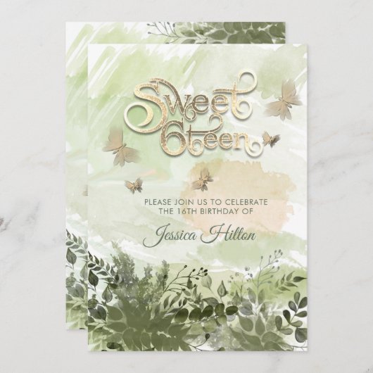 ロマンチックな緑のバタフライガーデンsweet sixteen 招待状 (正面/裏面)