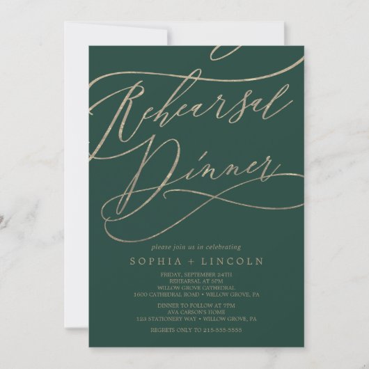 ロマンチックな緑の書道のリハーサルディナー 招待状 (正面)