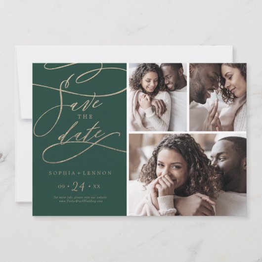 ロマンチックな緑の書道3フォトコラージュ セーブザデート (正面)