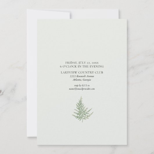 ロマンチックな緑の森の野生の結婚シダ 招待状 (裏面)