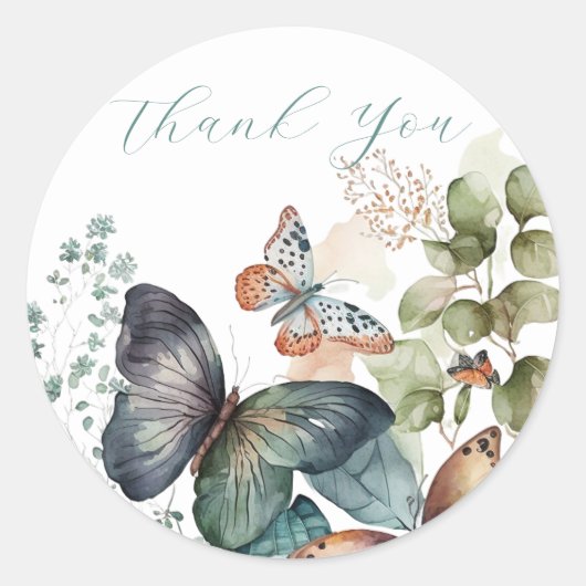 ロマンチックな緑の花と蝶感謝していあなた ラウンドシール (正面)