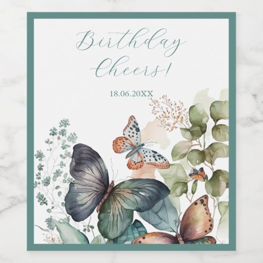 ロマンチックな緑の花と蝶 ワインラベル (シングルラベル)