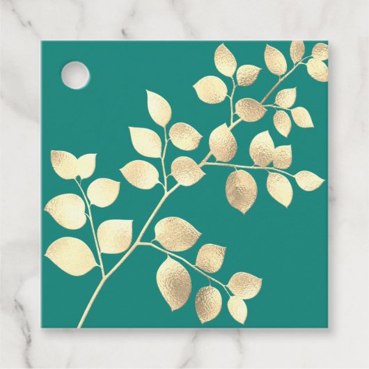 ロマンチックな緑の金色の葉のウェディング フェイバータグ (正面)