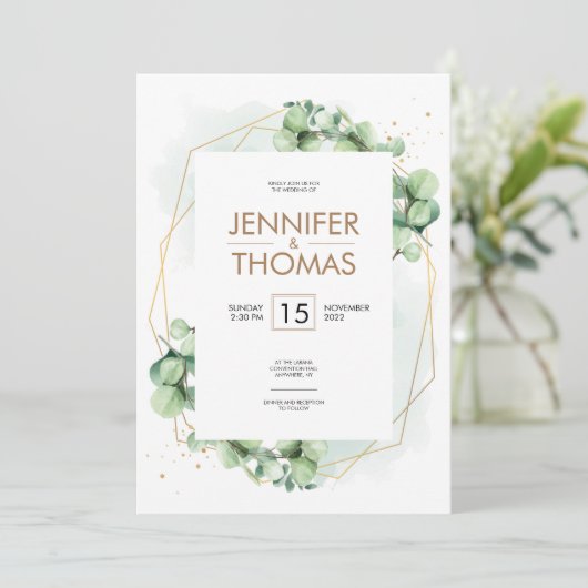 ロマンチックな緑結婚のユーカリの金ゴールド箔 招待状 (スタンド正面)