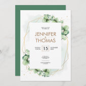 ロマンチックな緑結婚のユーカリの金ゴールド箔 招待状 (正面/裏面)