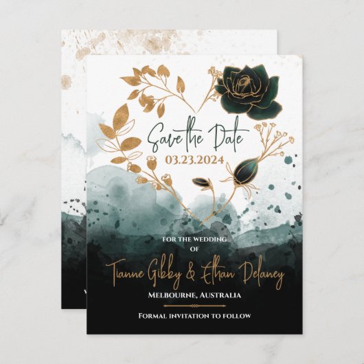 ロマンチックな緑、金ゴールドバラハート日付カードを保存 出欠カード (正面/裏面)