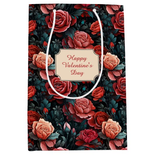 ロマンチックな色合いの赤いバラ ミディアムペーパーバッグ (正面)