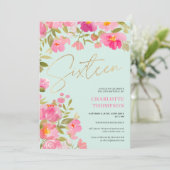 ロマンチックな色彩の鮮やかハンドピンクフローラミントスウィート16 招待状 (スタンド正面)