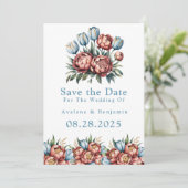 ロマンチックな芍薬とチューリップのSave The Dateカード 招待状 (スタンド正面)