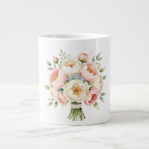 ロマンチックな芍薬の花束とダイヤモンドリング ジャンボコーヒーマグカップ