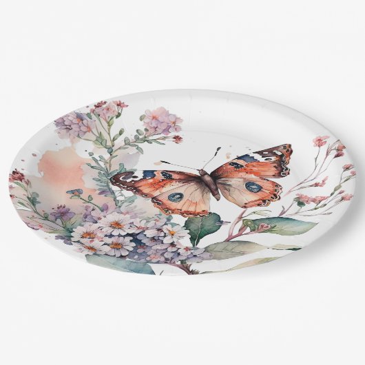 ロマンチックな花とオレンジ色の蝶 ペーパープレート (アングル)