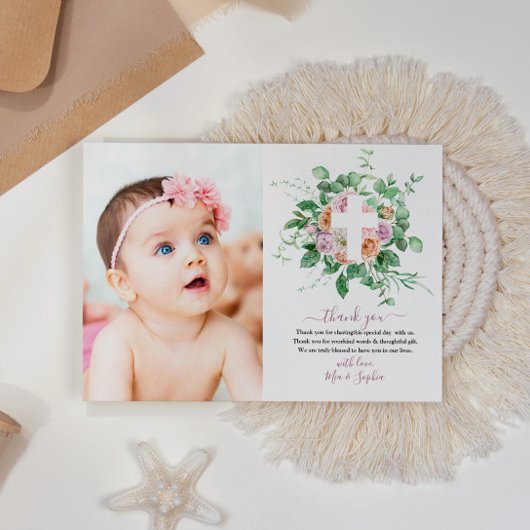 ロマンチックな花とフォトバプテスマのサンキューカード 招待状