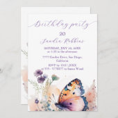 ロマンチックな花と蝶の誕生日招待状 招待状 (正面/裏面)