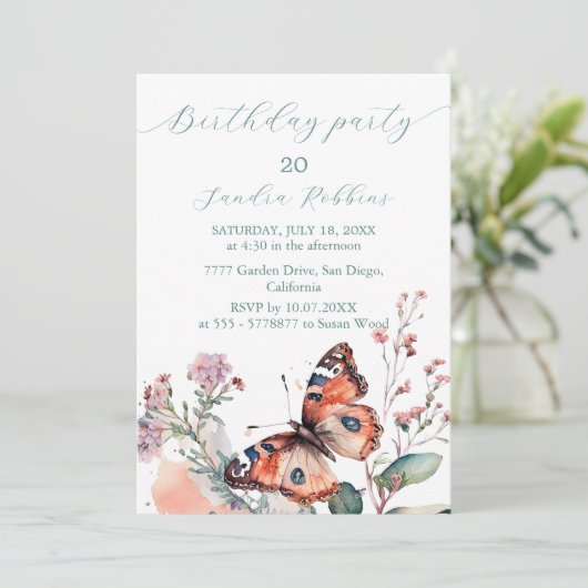 ロマンチックな花と蝶の誕生日招待状 招待状 (スタンド正面)