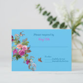 ロマンチックな花と蝶オンブルーRSVP 出欠カード (スタンド正面)