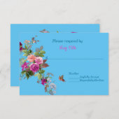 ロマンチックな花と蝶オンブルーRSVP 出欠カード (正面/裏面)