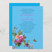 ロマンチックな花と蝶on Blue 結婚's 招待状 (正面/裏面)