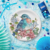 ロマンチックな花と青い鳥 ペーパープレート (パーティー)