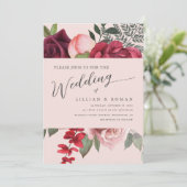 ロマンチックな花のウェディングブーケ ピンクの結婚式 招待状 (スタンド正面)