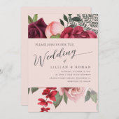 ロマンチックな花のウェディングブーケ ピンクの結婚式 招待状 (正面/裏面)