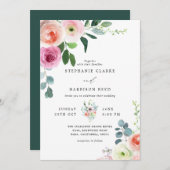 ロマンチックな花のブーケのピンクと白のウェディング 招待状 (正面/裏面)