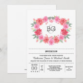 ロマンチックな花の水彩画のバラの花輪 招待状 (正面/裏面)
