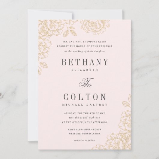 ロマンチックな花の結婚式招待状|の金ゴールド 招待状 (正面)