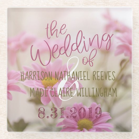 ロマンチックな花ガラスコースターピンクデイジー ガラスコースター (正面)