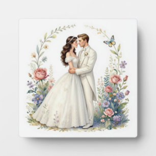 ロマンチックな花嫁と新郎の花のエレガントな結婚式カップル フォトプラーク