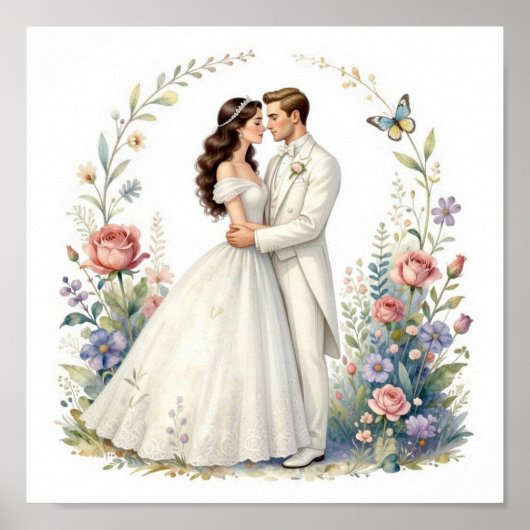 ロマンチックな花嫁と新郎の花のエレガントな結婚式カップル ポスター (正面)