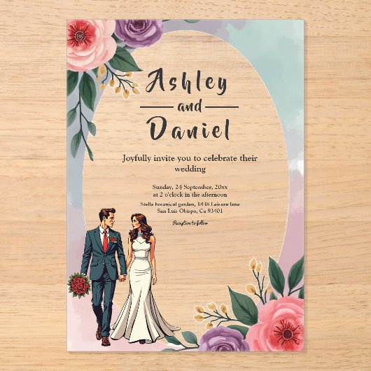 ロマンチックな花嫁と花婿の水彩のフローラ結婚 アクリル招待状 (正面)