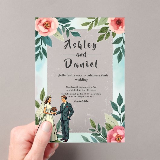 ロマンチックな花嫁と花婿の水彩のフローラ結婚 アクリル招待状 (インサイチュ (ポータブル))