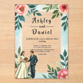 ロマンチックな花嫁と花婿の水彩のフローラ結婚 アクリル招待状 (正面)