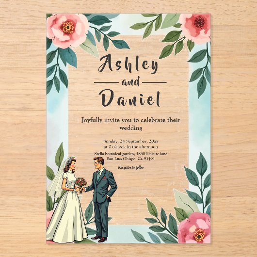 ロマンチックな花嫁と花婿の水彩のフローラ結婚 アクリル招待状 (正面)