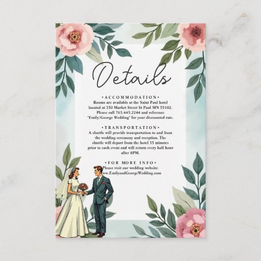 ロマンチックな花嫁と花婿の水彩のフローラ結婚 エンクロージャーカード (正面)