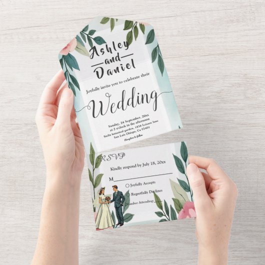 ロマンチックな花嫁と花婿の水彩のフローラ結婚 オールインワン招待状 (貼ってはがせる)