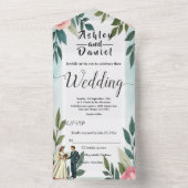 ロマンチックな花嫁と花婿の水彩のフローラ結婚 オールインワン招待状 (内側)