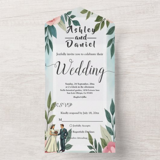 ロマンチックな花嫁と花婿の水彩のフローラ結婚 オールインワン招待状 (内側)
