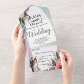 ロマンチックな花嫁と花婿の水彩のフローラ結婚 オールインワン招待状 (貼ってはがせる)