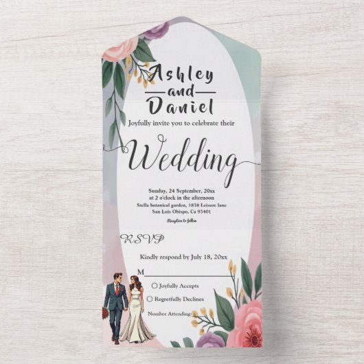 ロマンチックな花嫁と花婿の水彩のフローラ結婚 オールインワン招待状 (内側)