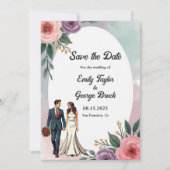 ロマンチックな花嫁と花婿の水彩のフローラ結婚 セーブザデート (正面)