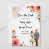 ロマンチックな花嫁と花婿の水彩のフローラ結婚 セーブザデート (正面)