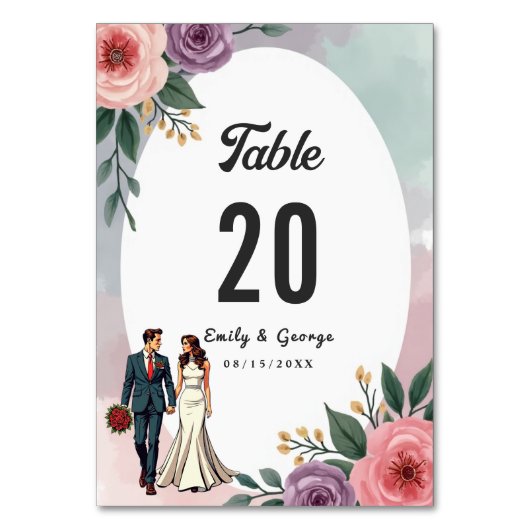 ロマンチックな花嫁と花婿の水彩のフローラ結婚 テーブルナンバー (裏面)