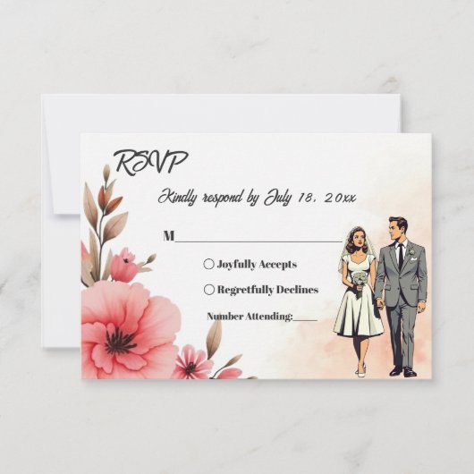 ロマンチックな花嫁と花婿の水彩のフローラ結婚 出欠カード (正面)