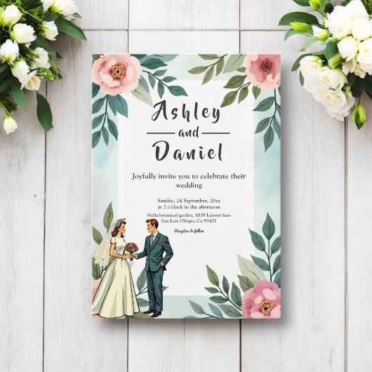 ロマンチックな花嫁と花婿の水彩のフローラ結婚 招待状