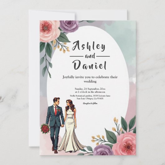 ロマンチックな花嫁と花婿の水彩のフローラ結婚 招待状 (正面)