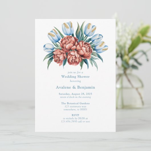 ロマンチックな花模様:牡丹とチューリップのカップルのシャワー 招待状 (スタンド正面)