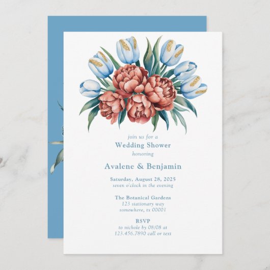 ロマンチックな花模様:牡丹とチューリップのカップルのシャワー 招待状 (正面/裏面)
