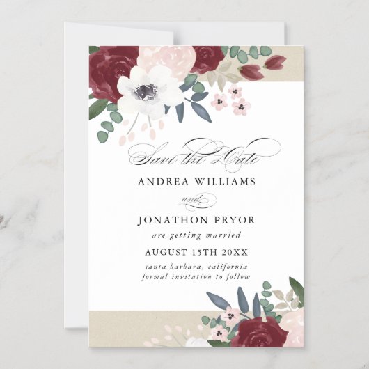 ロマンチックな花模様、磁気日付を保存 マグネット招待状 (正面)